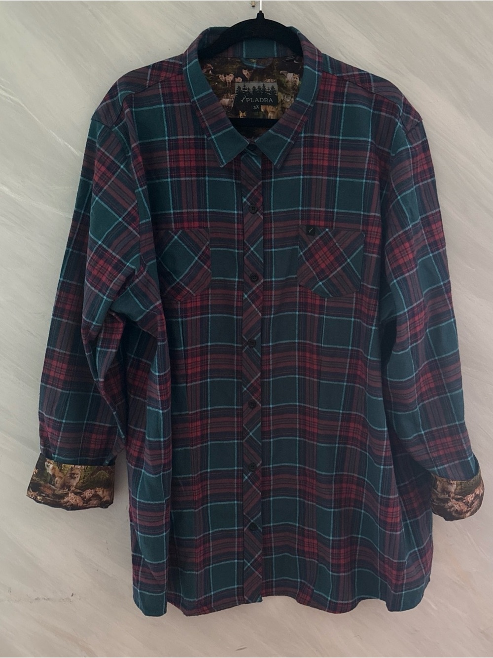 Pladra Women’s 3X Teal/Magenta Plaid Flannel Shirt w/ Forest Animal Cuffs Shirt